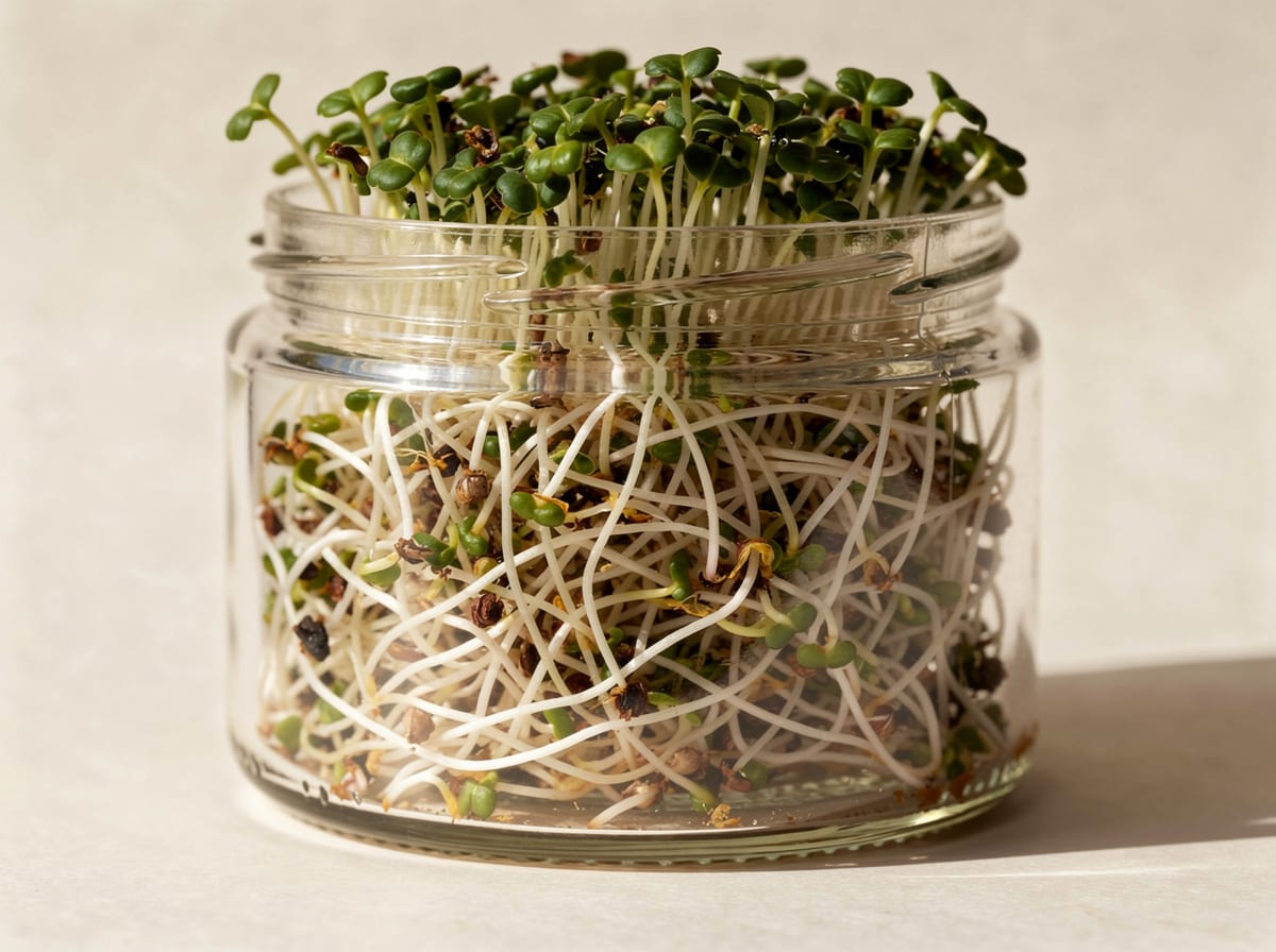 Day-five broccoli sprouts in a glass jar