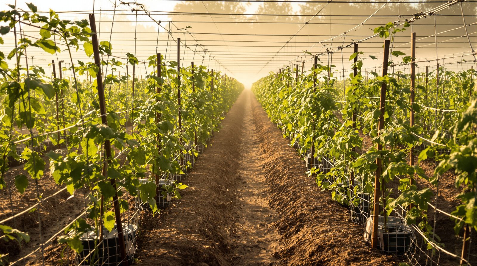 Tomato plants in a small-farm row, evening light