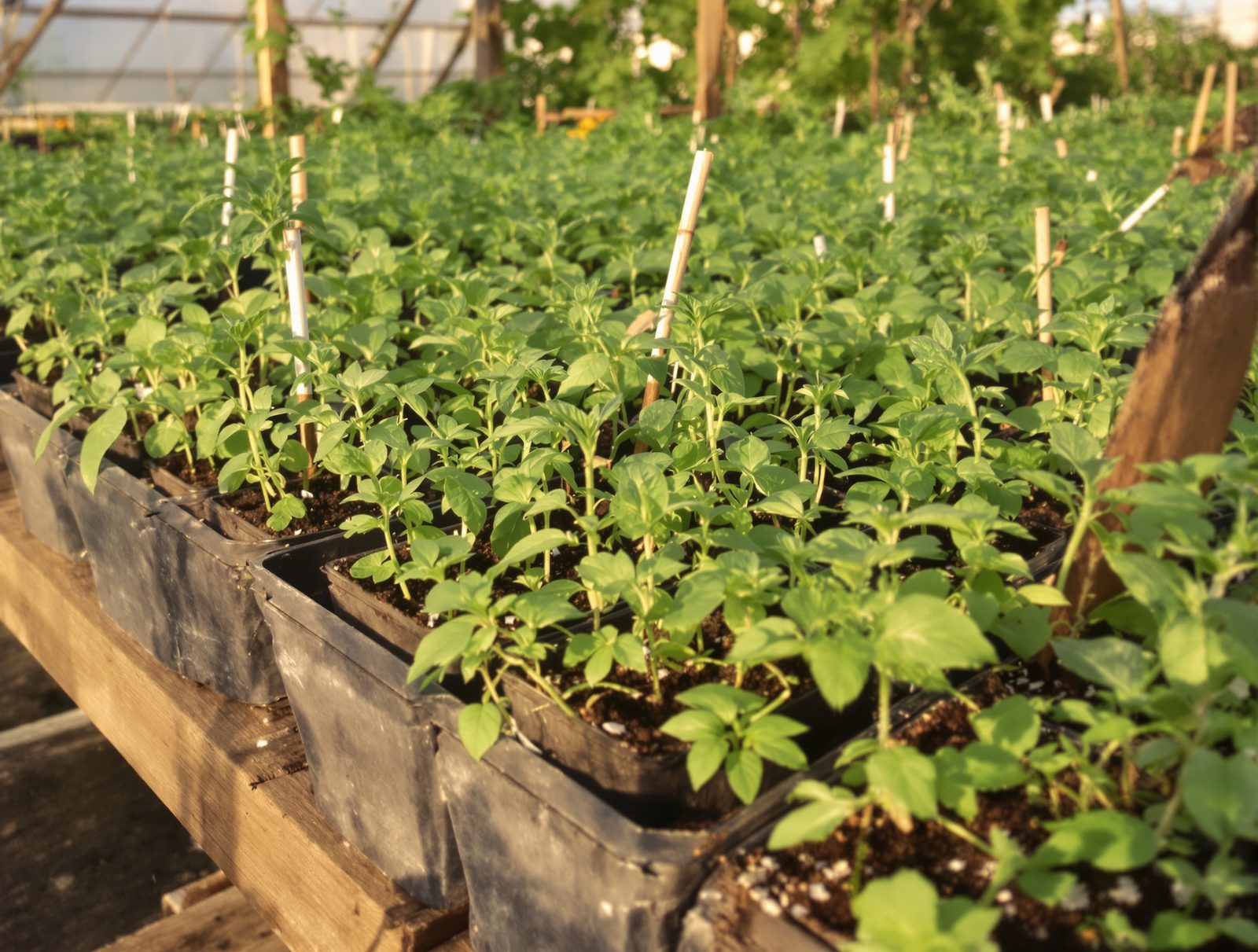 Young tomato seedlings in small pots